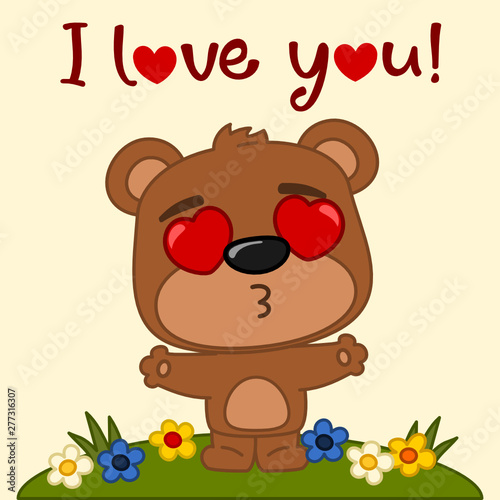 Funny Teddy bear in cartoon style with hearts in his eyes spread hands for kiss - happy Valentines day card