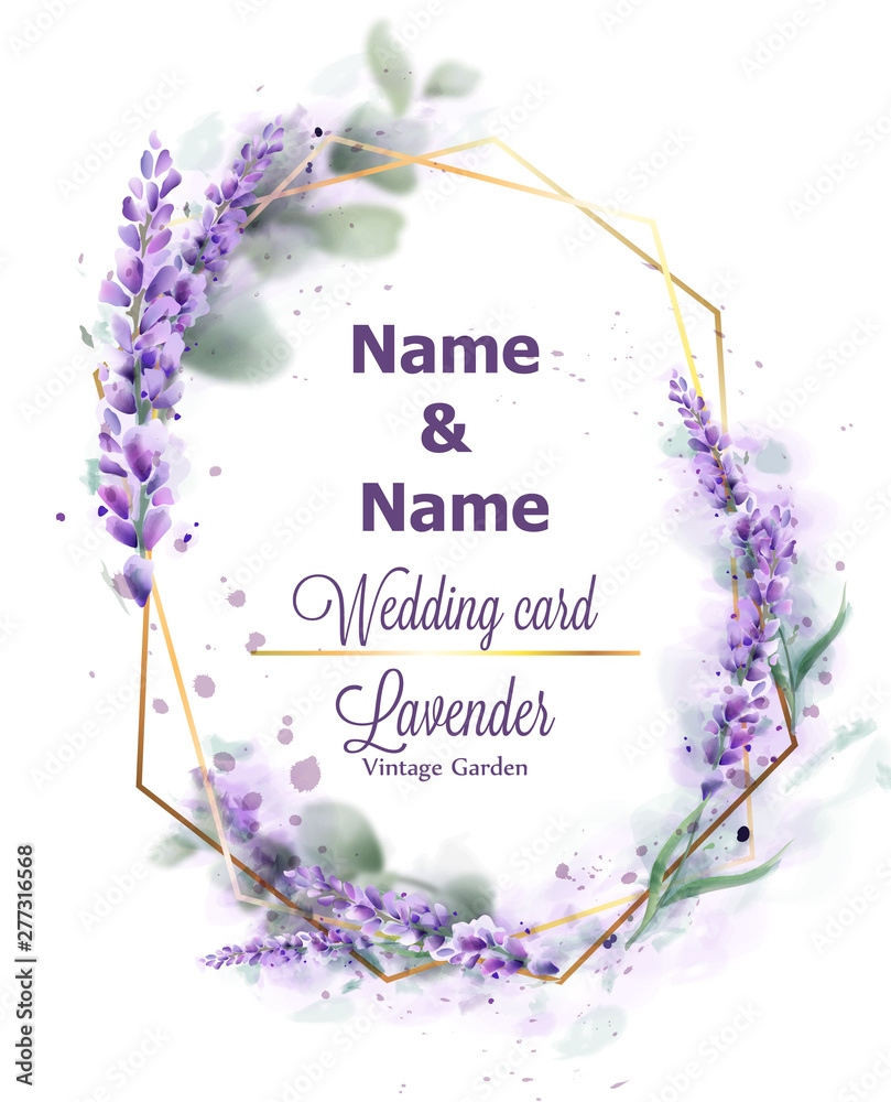Wedding card Lavender wreath Vector watercolor. Delicate floral bouquet ...