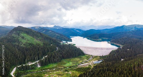 Aerial drone shot of Bolboci Lake in Bucegi mountains