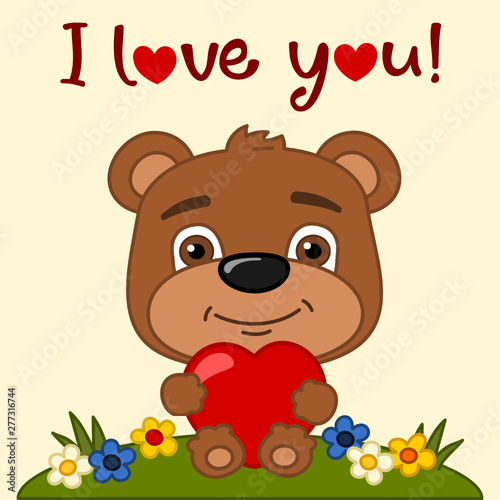 Happy Valentine's day card - Funny Teddy bear in cartoon style with red heart in his hands