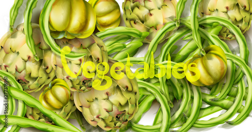 Artichokes, green peas and tomatoes Vector watercolor. Grocery harvest fresh ...