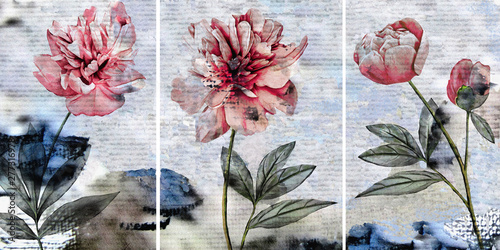 Collection of designer oil paintings. Decoration for the interior. Modern abstract art on canvas. Set of pictures with different textures and colors. Peonies on a gray-blue background.