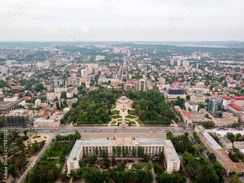 Aerial drone shot of Chisinau city in a cloudy day