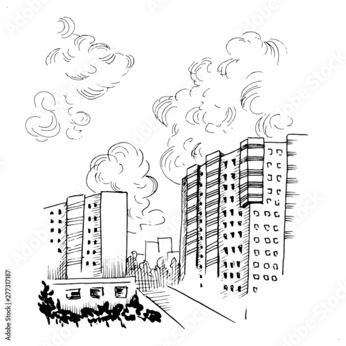 City sketch. Fragment of cityscape, high-rise residential buildings, sky and clouds. Hand drawn scape in sketch style. Monochrome vector illustration.