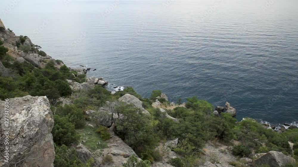 Seascape from Caraul-Oba mountain. Juniper bushes on rock. Sudak, Crimea. Seascape from Caraul-Oba mountain. Juniper bushes on rock. Sudak, Crimea.