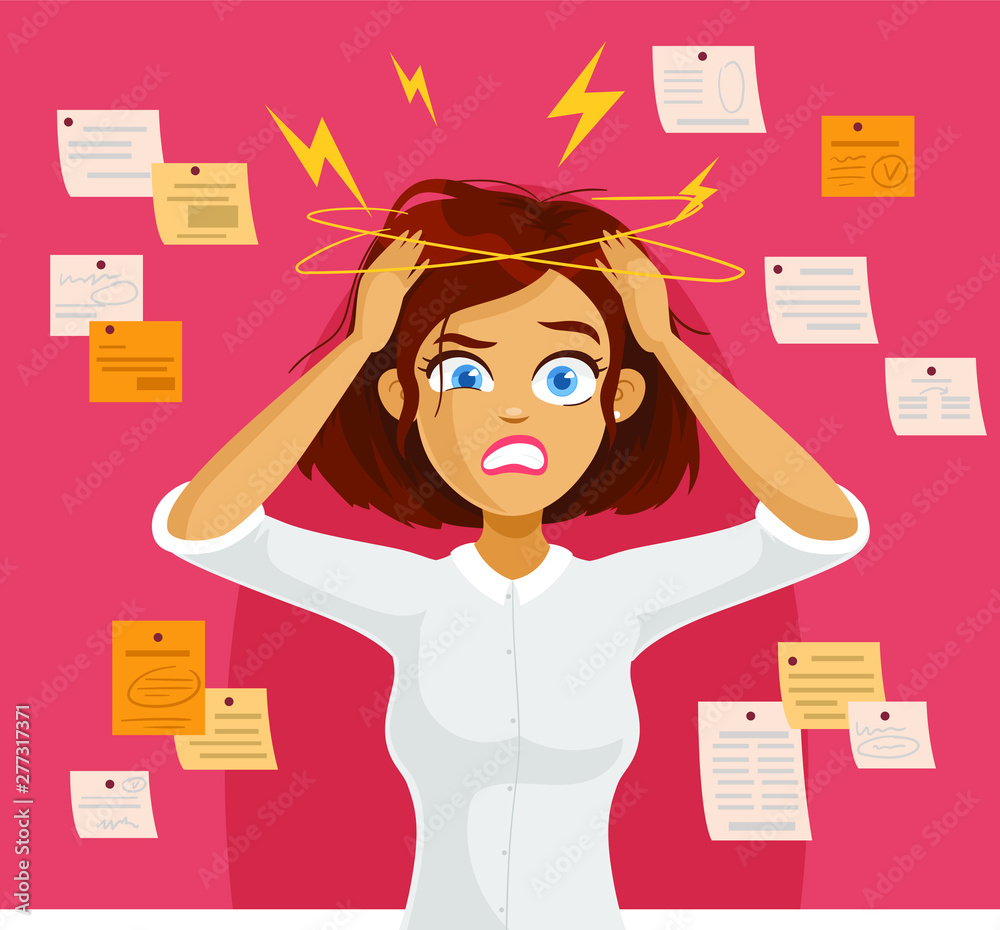 Stress at work. Stressed cartoon business woman in Office Work Place. Stress at work. Stressed cartoon business woman in Office Work Place.