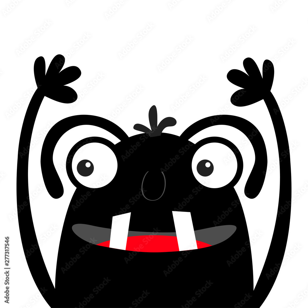 Monster head black silhouette. Two eyes, teeth, tongue, hands up, eyebrow. Happy Halloween. Cute cartoon kawaii funny character. Baby kids collection. Flat design. White background. Stock Vector | Adobe Stock Monster head black silhouette. Two eyes, teeth, tongue, hands up, eyebrow. Happy Halloween. Cute cartoon kawaii funny character. Baby kids collection. Flat design. White background. Stock Vector | Adobe Stock