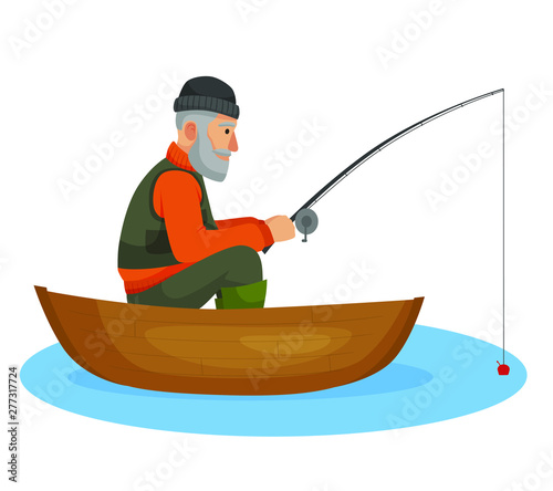 Vector  Illustration of  Fisherman sitting in the boat, fishing