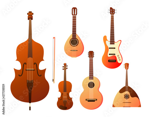 Set of stringed musical instruments. Collection of balalaika  harp  double bass  violin  guitar. Design layout for banners presentations  flyers  posters and invitations. Vector illustration