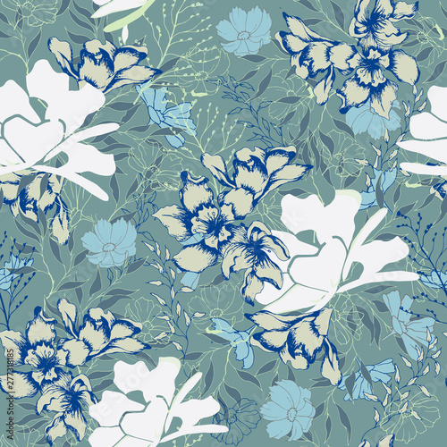 Bright background of flowers and leaves on a blue background. Floral vintage texture for fabric, tile and paper and wallpaper on the wall.