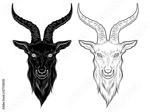 Photo Baphomet demon goat head hand drawn print or blackwork flash tattoo art design vector illustration