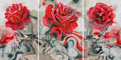 Collection of designer oil paintings. Decoration for the interior. Modern abstract art on canvas. Set of pictures with different textures and colors. Red rose.