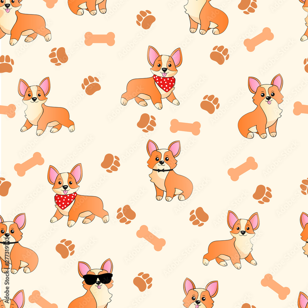 Naklejka premium Corgi with paws and bones funny hand draw cartoons seamless pattern. Dogs in scarf and sunglasses kids doodle repeater backgrounds for textile, postcard, wallpaper, gift wrapp or another your design