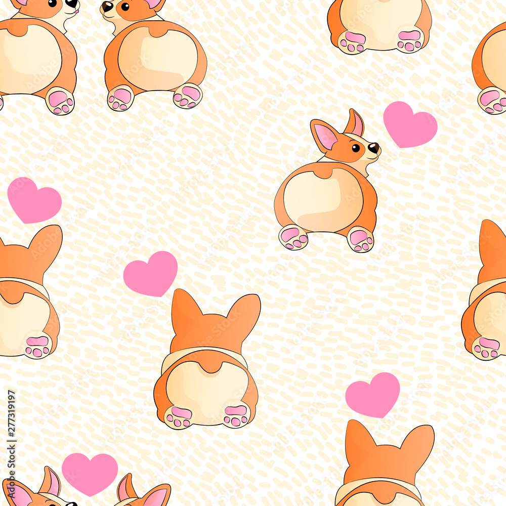 Corgi lying with hearts paws and speech bubble funny hand draw cartoons seamless pattern. Dogs kids doodle repeater backgrounds for textile, postcard, wallpaper, gift wrapp or another your design