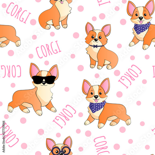 Corgi in sunglasses and scarf with dots background funny cartoons hand draw seamless pattern. Dogs kids doodle repeater background for textile, gift wrapp, wallpaper or another design