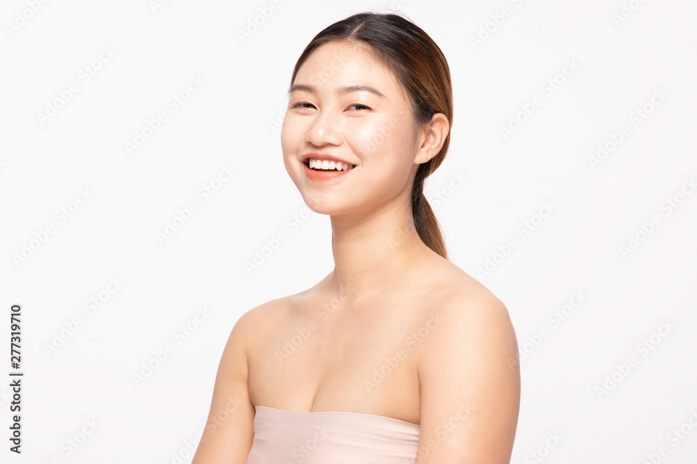 Portrait Of Beautiful Young Asian Woman Smiling Gesturing so happy and cheerful with healthy Clean and Fresh skin,isolated on white background,Beauty Cosmetology Concept Portrait Of Beautiful Young Asian Woman Smiling Gesturing so happy and cheerful with healthy Clean and Fresh skin,isolated on white background,Beauty Cosmetology Concept