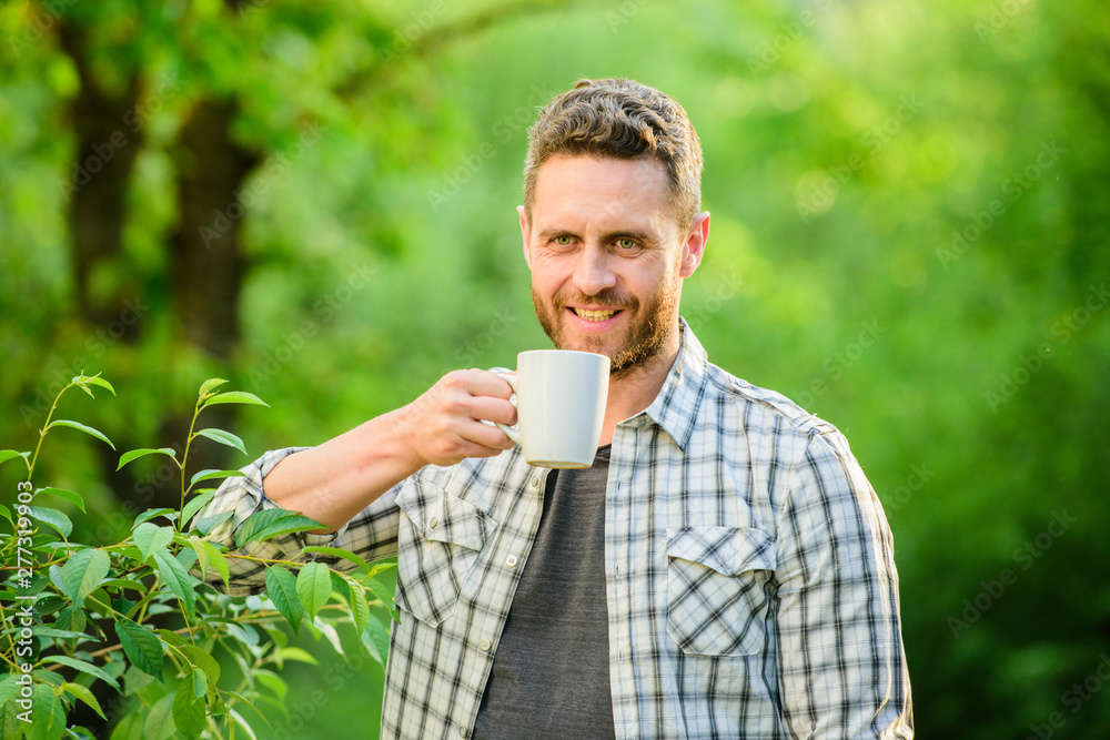 Green tea plantation. Whole leaf tea. Excellent taste. Enjoy hot beverage. Natural drink. Healthy lifestyle. I prefer green tea. Refreshing drink. Man bearded tea farmer hold mug nature background Green tea plantation. Whole leaf tea. Excellent taste. Enjoy hot beverage. Natural drink. Healthy lifestyle. I prefer green tea. Refreshing drink. Man bearded tea farmer hold mug nature background