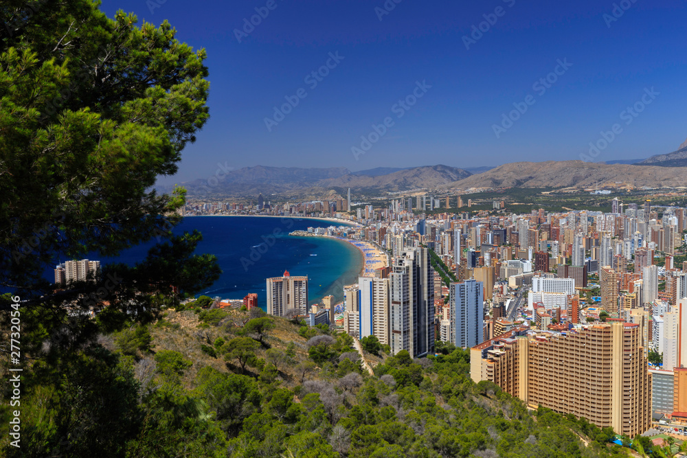 Poniente beach with skyscrapers and mountains, Benidorm Spain