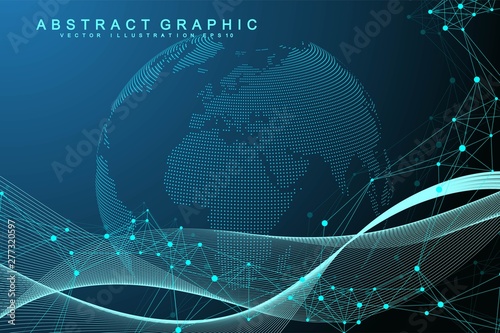 Expansion of life. Colorful explosion background with connected line and dots, wave flow. Visualization Quantum technology. Abstract graphic background explosion, motion burst, vector illustration.