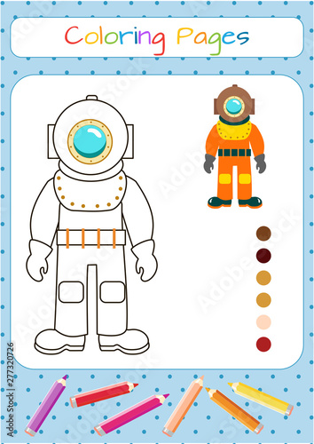 Funny diver. Educational game for children. Copy the picture. Coloring book. Cartoon vector illustration