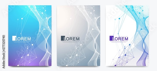 Modern vector template for brochure, leaflet, flyer, cover, catalog in A4 size. DNA helix, DNA strand, molecule or atom, neurons. Abstract structure for Science or medical background