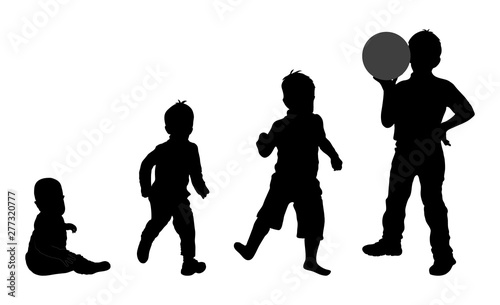 Set of black silhouette of child, baby boy on white background.