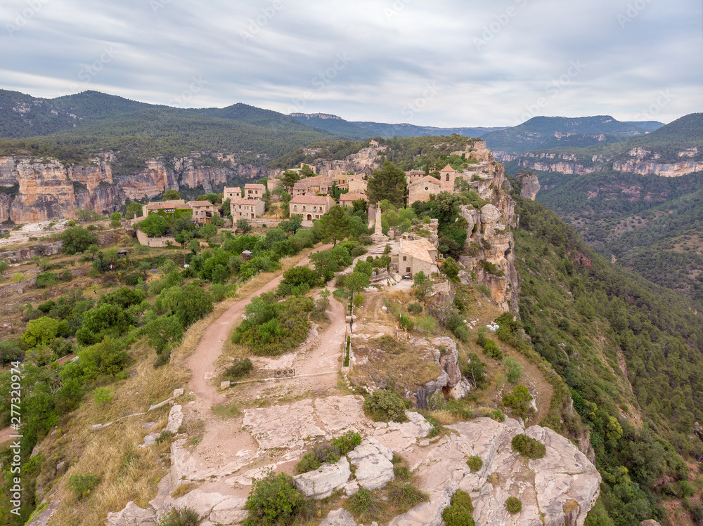 View of Siurana - old village at the rock, Catalonia, Spain. Drone aerial photo