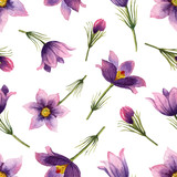 Watercolor vector seamless pattern with Violet flowers and leaves isolated on white background.