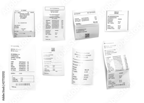 Vector realistic receipts, bills, commercial checks isolated on white background. Vector illustration. Can be use for your design, promo and etc for shop, store. EPS10.	
