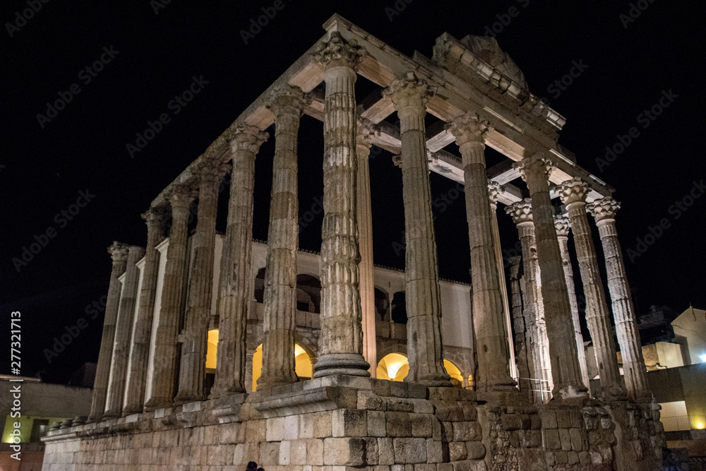The Roman Temple of Diana at night in Merida, Spain