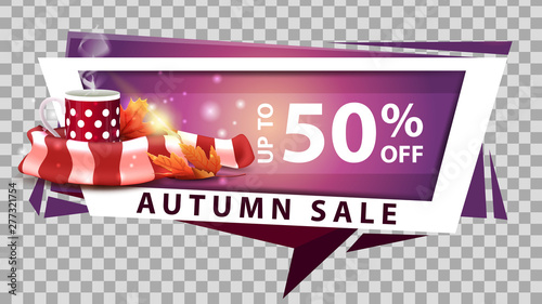 Autumn sale, discount web banner in geometric style with mug of hot tea and warm scarf