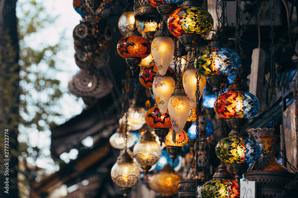 Istanbul, Turkey - 04/16/2019 Various old lamps on the small market  in Istanbul