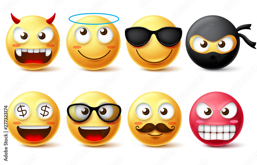 Smileys and emoticons vector character set. Smiley face yellow emoji like  demon, angel, ninja, bearded face and wearing sunglasses isolated in white  background. Vector illustration. Stock Vector | Adobe Stock