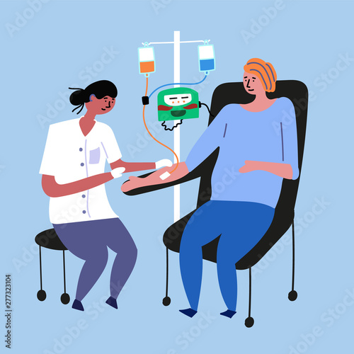 The doctor does chemotherapy for a cancer patient. Cancer girl. Medical procedures. Vector editable file eps 10