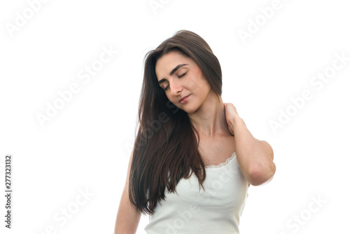 Woman filling ache in neck isolated on white