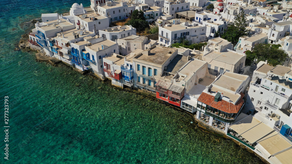 Aerial view of iconic colourful white washed picturesque little Venice in old town of Mykonos island chora, Cyclades, Aegean, Greece