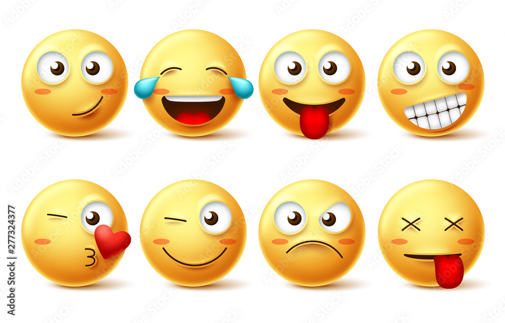 Smiley face vector set. Smileys yellow emoji with happy, funny, kissing, laughing and tired facial expressions isolated in white background for design elements. Vector illustration. - obrazy, fototapety, plakaty 