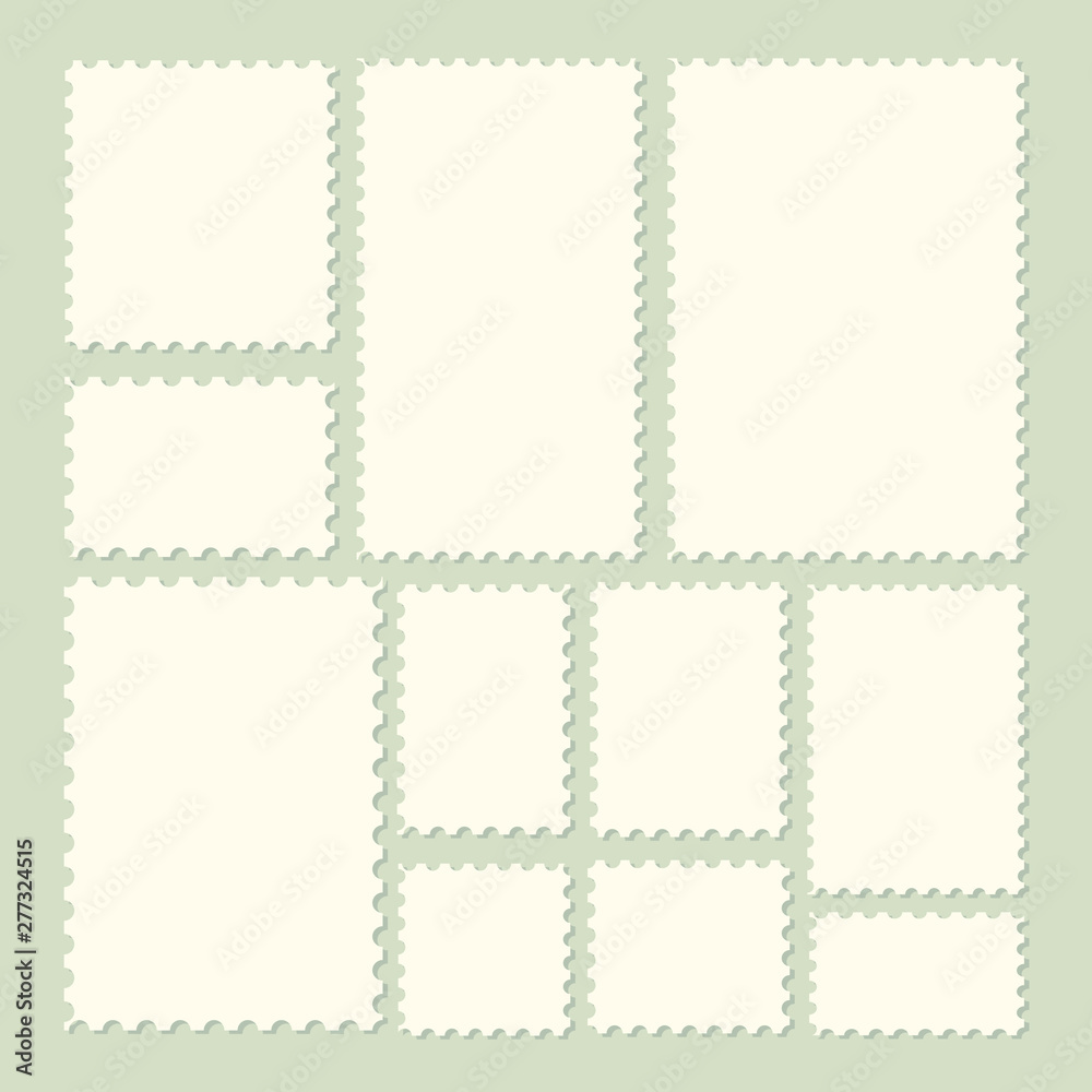 Postal frame sticker template. Collection of trendy postage stamps for label, sticker, app, mockup post stamp and wallpaper.