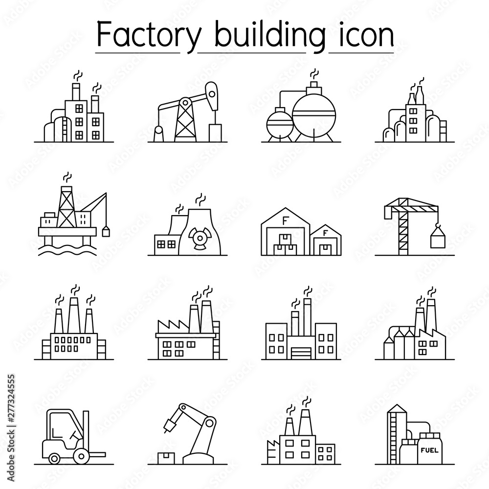 Factory building icon set in thin line style
