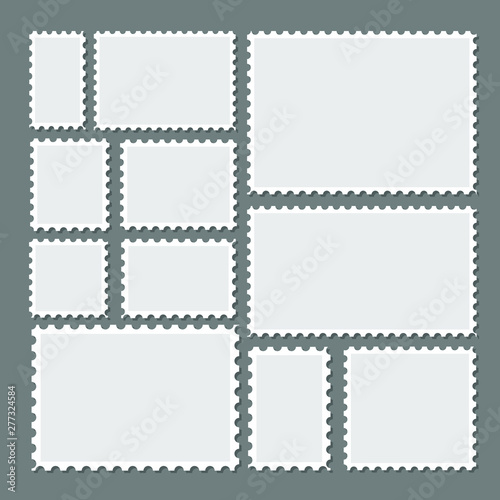 Postage stamps frames set on background. Toothed border stickers in different size.