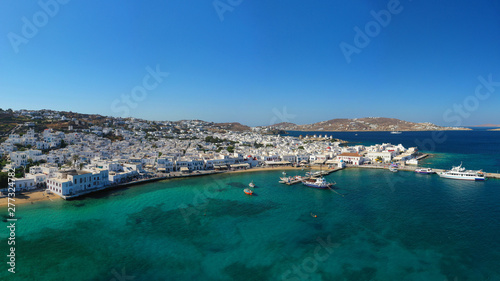 Fototapeta Naklejka Na Ścianę i Meble -  Aerial drone photo of picturesque and beautiful whitewashed old port in main town of Mykonos island, Cyclades, Greece