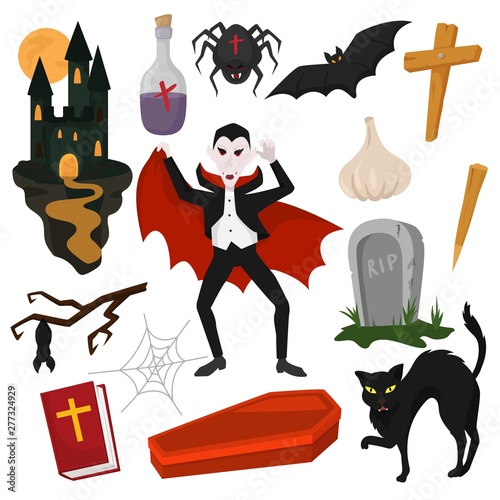 Vampire vector cartoon dracula character in scary halloween costume and vampirism signs illustration set of spooky evil monster in graveyard or castle with bat isolated on white background