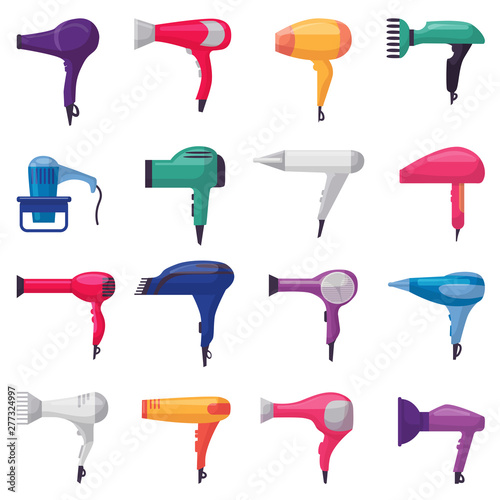 Hair dryer vector fashion hairdryer of hairdresser to blow-dry and electric hair-dryer blower illustration beauty set of barber styling appliance isolated on white background