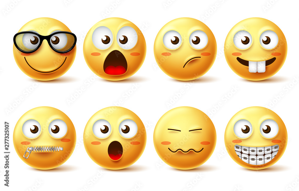 Smiley face vector icon set. Smiley face funny emoticons with eyeglasses, zipped mouth and teeth braces facial expressions isolated in white for design elements. Vector illustration.