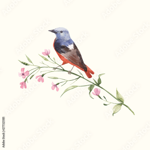 Watercolor vector bird on the flower