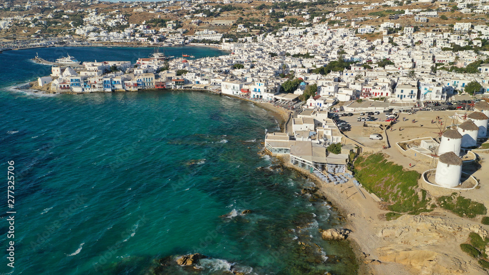 Aerial drone photo of iconic colourful white washed and picturesque little Venice in main town of island of Mykonos, Cyclades, Greece