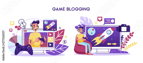 Game blogger video channel concept. Character play