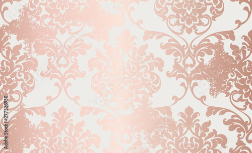 Damask pink gold ornament pattern Vector. Baroque luxury texture. Glossy structure. Victorian elegant decors