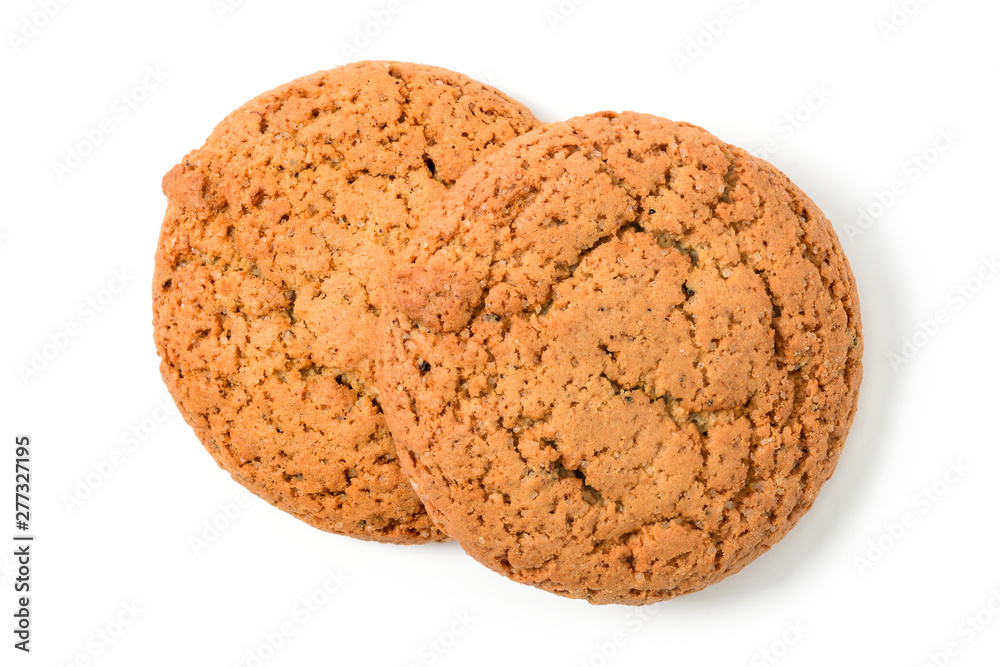 Homemade cookies. Two sweet cookie made from oatmeal flour. Tasty biscuit in high resolution closeup isolated on white background, top. Homemade bakery. Homemade cookies. Two sweet cookie made from oatmeal flour. Tasty biscuit in high resolution closeup isolated on white background, top. Homemade bakery.