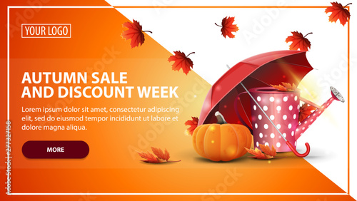 Autumn sale and discount week, discount web banner template for your website in a modern style with garden watering can, umbrella and ripe pumpkin